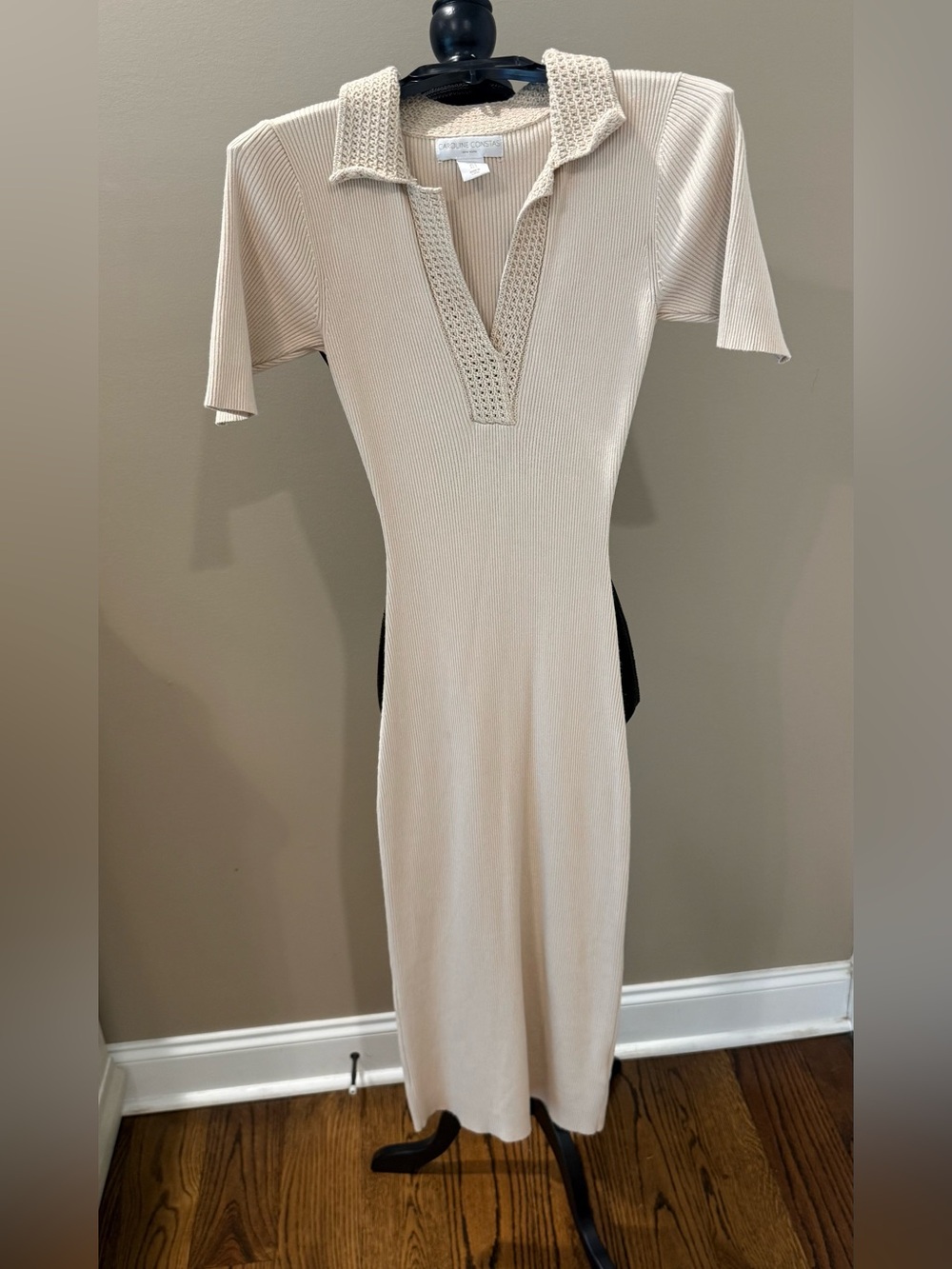 Women’s CAROLINE CONSTAS beige ribbed knit crochet collar midi dress- Size small
